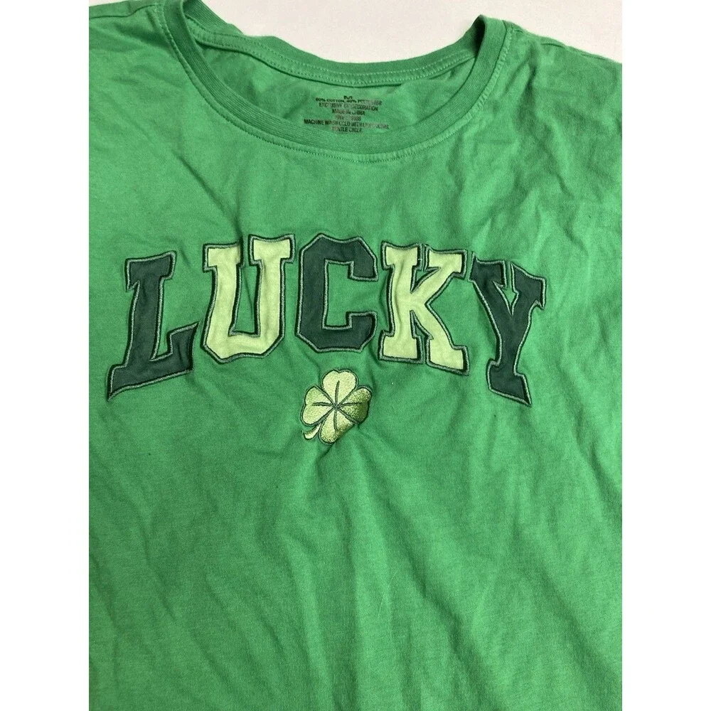 Women's Green Lucky Shamrock Graphic Embroidered Round Neck Knit T-Shirt M